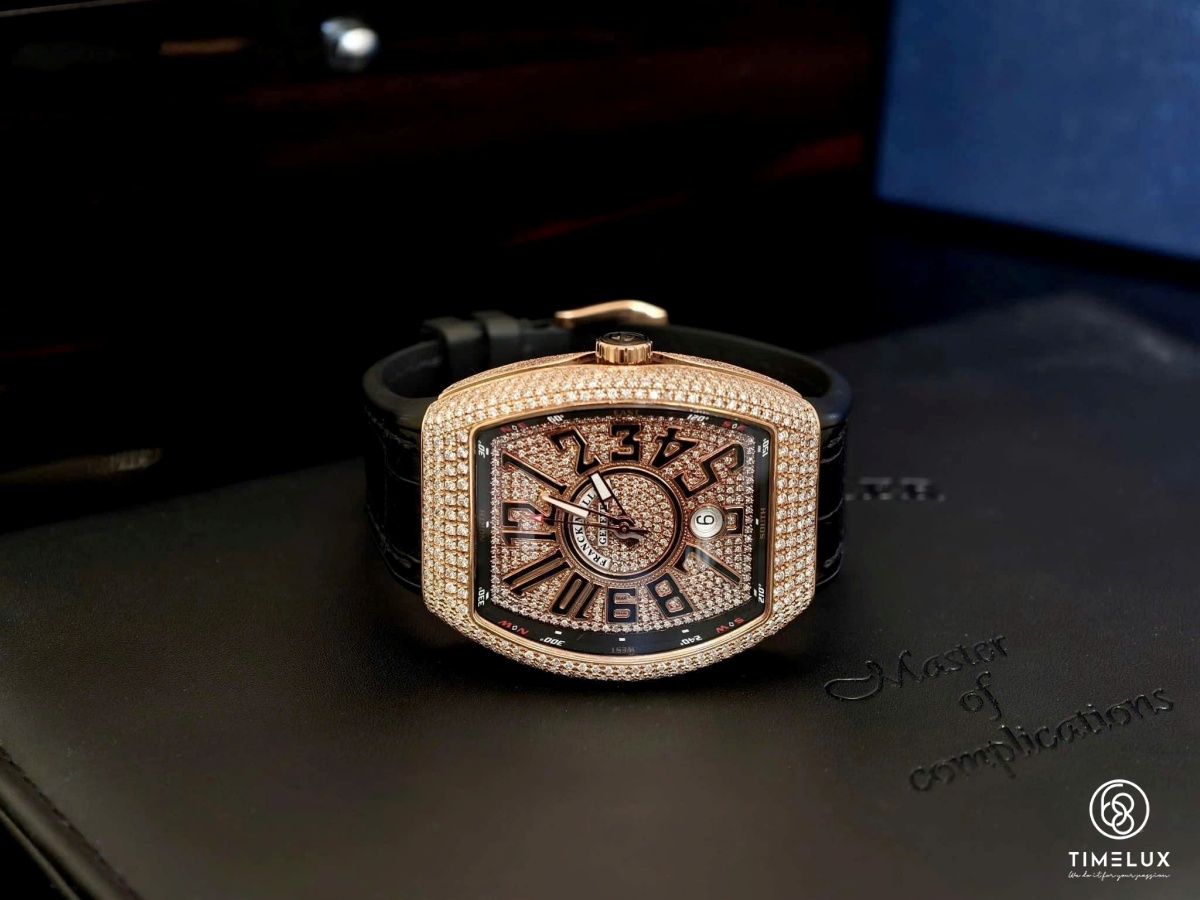 Franck Muller V41 Au750 Rose Gold Pave Full Diamond Custom Dial Automatic Size 41mm Fullset