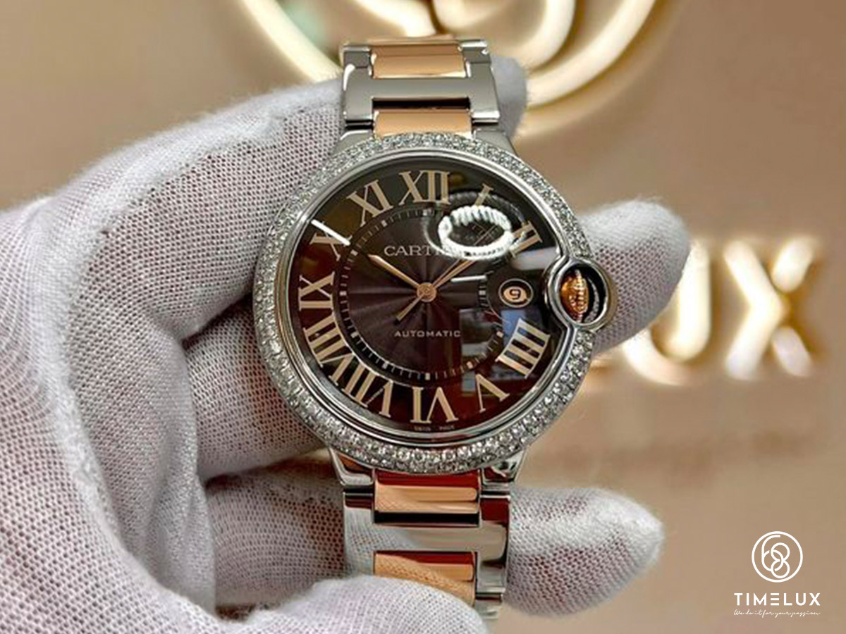 Cartier Ballon Bleu Chocolate Dial Demi 18K Au750 Rose Gold Bracelet Full Diamond Bezel Automatic Size 42mm