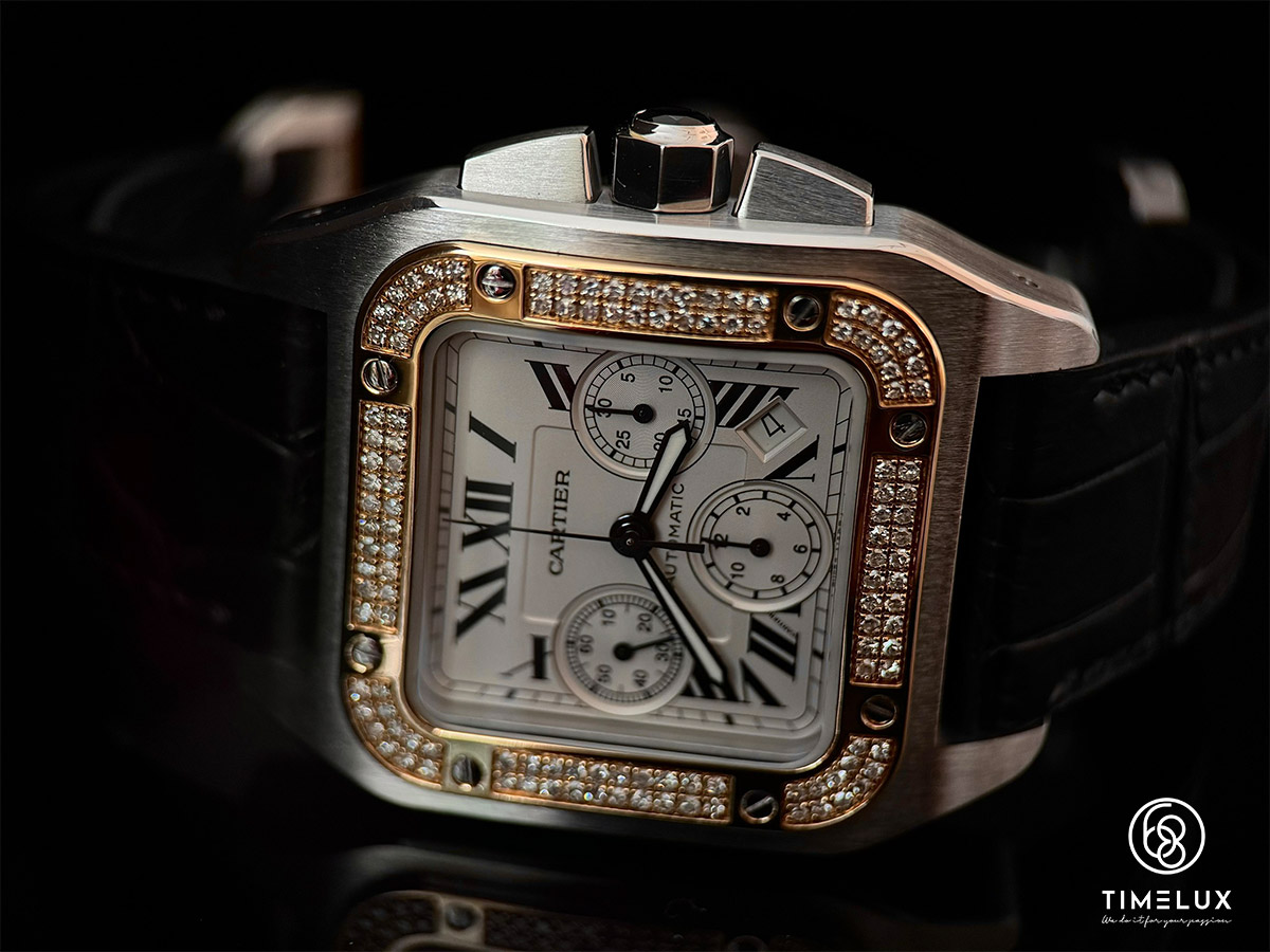 Cartier Santos 100 Chrono 18k 750 Gold/Steel Custom Diamond Bezel 42mm