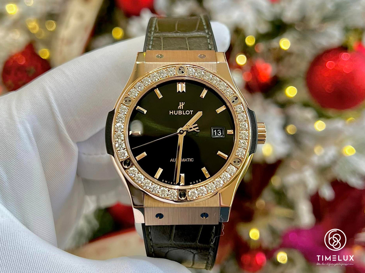 Hublot Classic Fusion King Gold Green Sunray Dial Custom Top VVS Diamond Bezel Automatic 42mm FullSet 2021