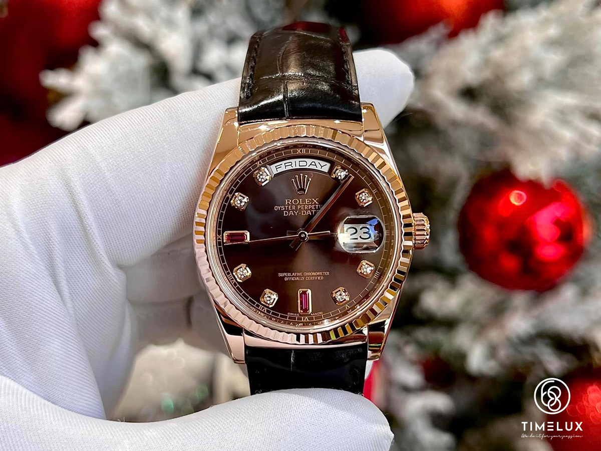 ROLEX 118135 Day-Date Chocolate Dial Ruby 6-9 18KAu750 Rose Gold Automatic 36mm - Used FullSet Date 2014